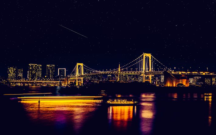 Rainbow Bridge, 4k, nightscapes, japanese cities, Tokyo, Asia, cityscapes, Tokyo panorama, Tokyo cityscape
