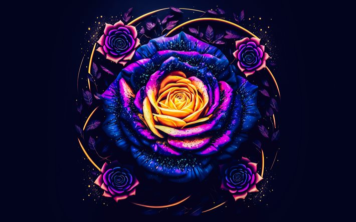 rose astratte 3d, sfondo blu, sfondo di fiori astratti, fiori 3d, priorità bassa delle rose 3d, arte delle rose, fiori astratti 3d