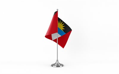 4k, bandera de mesa de antigua y barbuda, fondo blanco, bandera de antigua y barbuda, bandera de antigua y barbuda en palo de metal, símbolos nacionales, antigua y barbuda