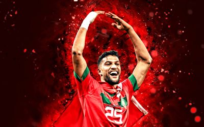 yahia attiyat allah, 4k, néons rouges, équipe du maroc de football, le football, footballeurs, fond abstrait rouge, équipe marocaine de football, yahia attiyat allah 4k