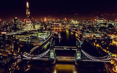 Tower Bridge, River Thames, nightscapes, HDR, cityscapes, London landmarks, England, London, UK, United Kingdom, english cities, London cityscape, London panorama