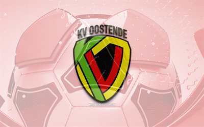 KV Oostende glossy logo, 4K, red football background, Jupiler Pro League, soccer, belgian football club, KV Oostende 3D logo, KV Oostende emblem, Oostende FC, football, sports logo, KV Oostende