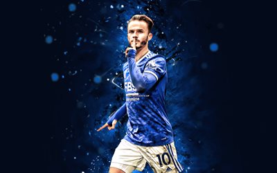James Maddison, 4k, blue neon lights, Leicester City FC, Premier League, English footballers, James Maddison 4K, football, blue abstract background, soccer, James Maddison Leicester City