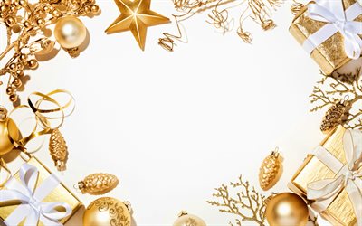 cadres de noël, 4k, décorations de noël dorées, décorations de noël, noël, joyeux noël, bonne année