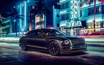 Bentley Flying Spur Hybrid, 4k, night, 2022 cars, luxury cars, HDR, Black Bentley Flying Spur, 2022 Bentley Flying Spur, british cars, Bentley
