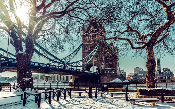 런던, 겨울, 눈, 타워 브리지, 템스 강, 런던 풍경, 경계표, 겨울의 런던, 영국