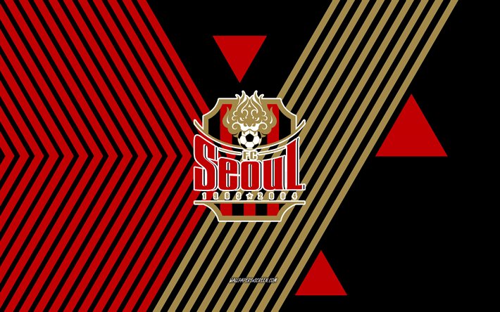ソウルfcのロゴ, 4k, 韓国サッカーチーム, 赤黒の線の背景, ソウルfc, kリーグ1, 韓国, 線画, ソウルfcのエンブレム, フットボール
