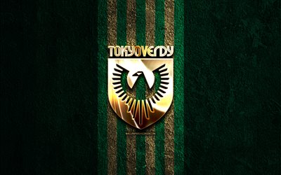 tokyo verdyn kultainen logo, 4k, vihreä kivi tausta, j2 liiga, japanilainen jalkapalloseura, tokyo verdyn logo, jalkapallo, tokyo verdyn tunnus, tokyo verdy, tokyo verdy fc
