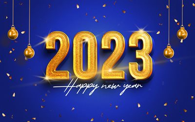 4k, 2023 Happy New Year, golden 3D digits, 2023 concepts, golden xmas balls, 2023 golden digits, xmas decorations, Happy New Year 2023, creative, 2023 blue background, 2023 year, Merry Christmas