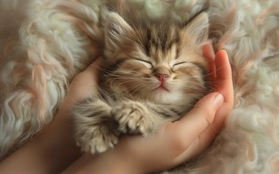 gattino nelle mani, gattino addormentato, gatti carini, kittens carini, piccolo gatto soffice, animali carini, animali domestici, gatti, gatti addormentati