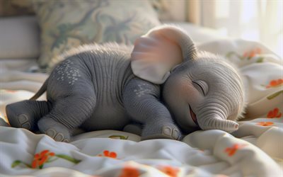 éléphant bébé mignon, 4k, art 3d, éléphant endormi, animaux de dessins animés, relaxation, bébé éléphant, éléphant de dessins animés, petit éléphant, animaux mignons, éléphants