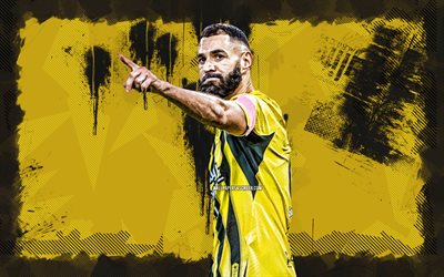 4k, karim benzema, gelber grunge  hintergrund, al ittihad club, saudische pro  liga, französische fußballer, karim benzema 4k, fußball, al ittihad fc, al ittihad saudi arabischer club, karim benzema al ittihad