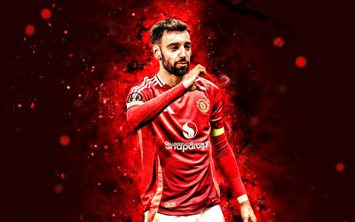 4k, bruno fernandes, kırmızı soyut arka plan, manchester united fc, premier lig, portekizli futbolcular, bruno fernandes 4k, futbol, kırmızı neon işıklar, adam birleşik, bruno fernandes manchester united