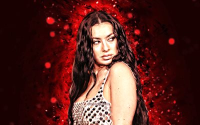 4k, charli xcx, 赤いネオンライト, 人気のある歌手, 音楽スター, イギリスの有名人, 赤い抽象的な背景, シャーロット・エマ・エイチソン, イギリスの歌手, charli xcx 4k