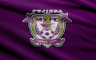 fujieda myfc 패브릭 로고, 4k, 바이올렛 직물 배경, j2 리그, 보케, 축구, fujieda myfc 로고, fujieda myfc emblem, 후지 에다 myfc, 일본 축구 클럽, fc fujieda