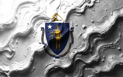 drapeau du massachusetts, 4k, texture des vagues de pierre, drapeau 3d massachusetts, drapeau de l'état du massachusetts, usa, drapeaux des états américains, massachusetts