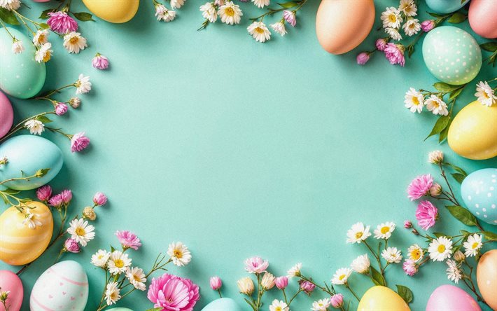 4k, marco de pascua, fondo turquesa, plumas, estrellas 3d, huevos de pascua, flores de primavera, felices pascuas, marco con huevos de pascua, plantilla de tarjeta de pascua, marcos de pascua, antecedentes con huevos de pascua, pascua de resurrección
