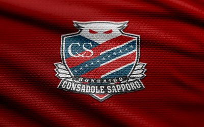 hokkaido consadole sapporo 패브릭 로고, 4k, 빨간색 직물 배경, j2 리그, 보케, 축구, hokkaido consadole sapporo 로고, hokkaido consadole sapporo, 일본 축구 클럽, hokkaido consadole sapporo fc