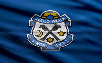 jubilo iwata 패브릭 로고, 4k, 파란색 직물 배경, j2 리그, 보케, 축구, jubilo iwata 로고, jubilo iwata emblem, jubilo iwata, 일본 축구 클럽, jubilo iwata fc