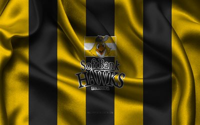 4k, Fukuoka SoftBank Hawks logo, yellow black silk fabric, Japanese baseball team, Fukuoka SoftBank Hawks emblem, Nippon Professional Baseball, Fukuoka SoftBank Hawks, Japan, baseball, NPB