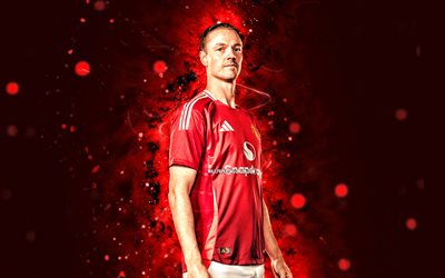 Jonny Evans, 4k, red neon lights, Manchester United FC, Premier League, english footballers, Jonny Evans 4K, football, Manchester United, Jonny Evans Manchester United, Man United