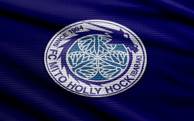 mito hollyhock 패브릭 로고, 4k, 파란색 직물 배경, j2 리그, 보케, 축구, mito hollyhock 로고, mito hollyhock emblem, mito hollyhock, 일본 축구 클럽, mito hollyhock fc