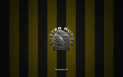 logotipo de exeter chiefs, club de unión de rugby inglés, rugby de la premier league, fondo de carbono negro amarillo, emblema de los jefes de exeter, sindicato de rugby, jefes de exeter, inglaterra, exeter rugby club