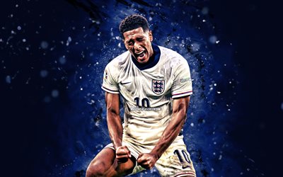 Jude Bellingham, 4k, blue neon lights, England national football team, UEFA, english footballers, Jude Bellingham 4K, football, soccer, national teams, Jude Bellingham England Team