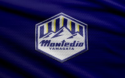 montedio yamagata 패브릭 로고, 4k, 파란색 직물 배경, j2 리그, 보케, 축구, montedio yamagata 로고, montedio yamagata emblem, montedio yamagata, 일본 축구 클럽, montedio yamagata fc