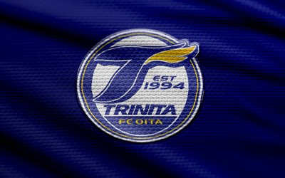 oita trinita 패브릭 로고, 4k, 파란색 직물 배경, j2 리그, 보케, 축구, oita trinita 로고, 오이타 트리니타 엠블럼, 오이타 트리니 타, 일본 축구 클럽, oita trinita fc