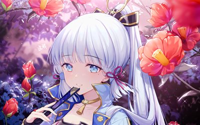 4k, kamisato ayaka, çiçek, genshin etkisi, kimono, cryo karakter, mavi gözlü, anime karakterleri, sanat eseri, genshin etki karakterleri, kılıç, kamisato ayaka genshin etkisi