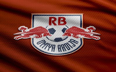 rb omiya ardija 패브릭 로고, 4k, 빨간색 직물 배경, j2 리그, 보케, 축구, rb omiya ardija 로고, rb omiya ardija emblem, rb omiya ardija, 일본 축구 클럽, rb omiya ardija fc