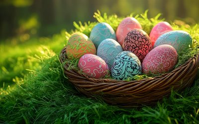 ostereier, grünes gras, frühling, frohe ostern, hintergrund mit ostereier, bunte eier, ostern
