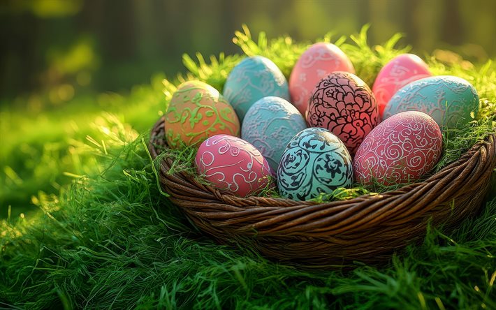 ostereier, grünes gras, frühling, frohe ostern, hintergrund mit ostereier, bunte eier, ostern