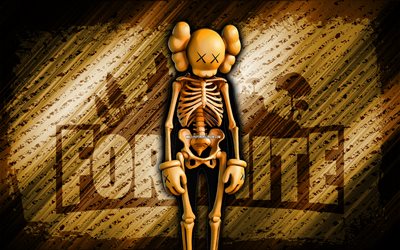 Orange KAWS Skeleton Fortnite, 4k, orange diagonal background, grunge art, Fortnite, artwork, Orange KAWS Skeleton Skin, Fortnite characters, Orange KAWS Skeleton, Fortnite Orange KAWS Skeleton Skin