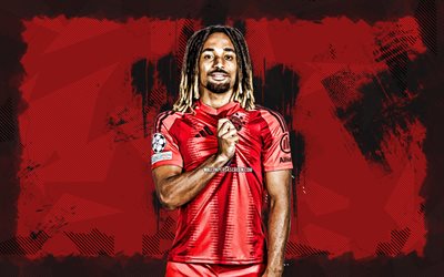 4k, sacha boey, kırmızı grunge arka plan, bayern münih fc, bundesliga, fransız futbolcular, sacha boey 4k, futbol, kırmızı soyut arka plan, sacha boey bayern münih