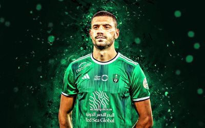 Merih Demiral, 4k, green neon lights, Al-Ahli, Saudi Professional League, Turkish footballers, Merih Demiral 4K, football, soccer, Al-Ahli FC, Al-Ahli Saudi Football Club, Saudi Pro League, Merih Demiral Al-Ahli