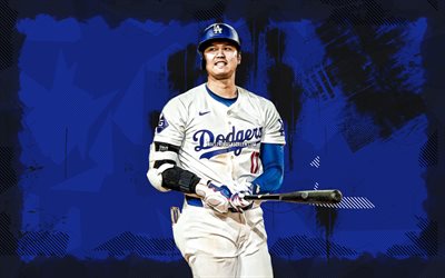 4k, shohei ohtani, mavi grunge arka plan, los angeles dodgers, mlb, japon beyzbol oyuncuları, shohei ohtani 4k, beyzbol, major league beyzbol, shotime, la dodgers, shohei ohtani dodgers