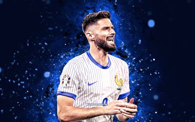 olivier giroud, 4k, mavi neon işıklar, fransa ulusal futbol takımı, fransız futbolcular, olivier giroud 4k, futbol, milli takımlar, avrupa, fff, olivier giroud fransa ekibi