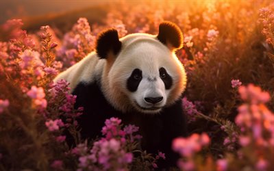 panda, 4k, sonnenuntergang, tierwelt, süße tiere, china, asien, wilde natur, pandas, ailuropoda melanoleuca