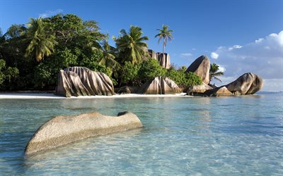 sea, Anse Source dArgent Beach, summer, palms, La Digue, Seychelles