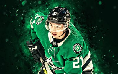 Jason Robertson, 4k, green neon lights, Dallas Stars, NHL, hockey, Robo, Jason Robertson 4K, green abstract background, Jason Robertson Dallas Stars