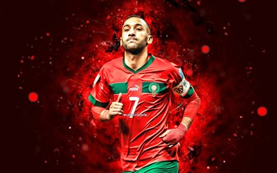 hakim ziyech, 4k, 赤いネオンライト, モロッコナショナルフットボールチーム, サッカー, サッカー選手, 赤い抽象的な背景, モロッコのフットボールチーム, hakim ziyech 4k