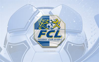 fc luzern glossy logo, 4k, ブルーフットボールの背景, スイスのスーパーリーグ, サッカー, スイスフットボールクラブ, fc luzern 3dロゴ, fc luzern emblem, luzern fc, フットボール, スポーツロゴ, fc luzern