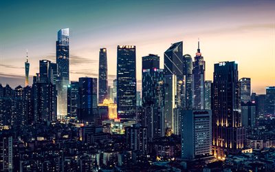 광저우, 4k, 고층 빌딩, 나이트 스케이프, 중국 도시, 중국, 아시아, 광저우 파노라마, 광저우 시티 스케이프, 현대 건축