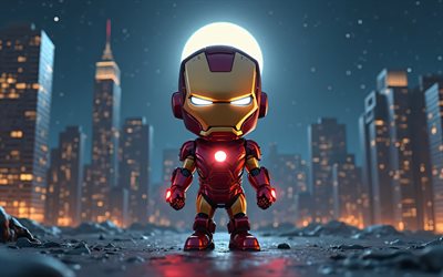 Iron Man, 4k, superheroes, chibi art, Marvel Comics, Iron Man chibi, night, 3D art, Iron Man 3D, fan art, Iron Man 4K
