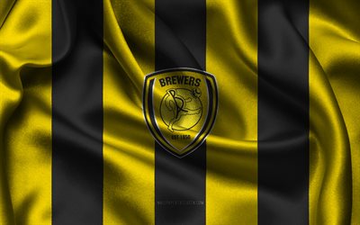 4k, logo burton albion fc, tissu de soie noire jaune, équipe de football anglaise, burton albion fc emblem, ligue un, burton albion fc, angleterre, football, burton albion