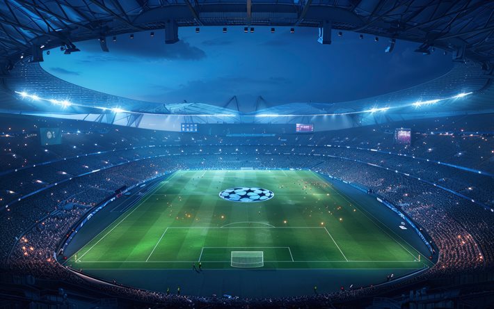 football stadium, 4k, Champions League, green football lawn, football pitch edge, goal, sport arena, abstract art, soccer stadium, artwork, sports concepts, football, soccer, stands, packed stadium, stadium full of spectators, floodlights at the stadium, stadiums
