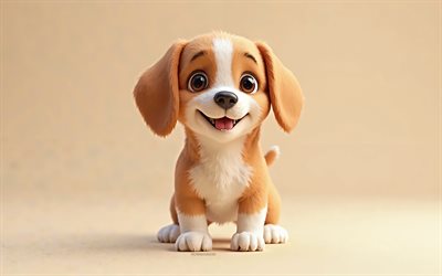 4k, netter 3d beagle, cartoon 3d beagle, 3d  hunde, süße tiere, beagel, 3d  tiere, cartoon 3d  tiere, lustiger beagel, kleiner beagel, orangefarbener hintergrund