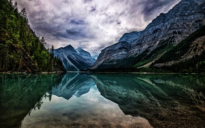 kinney lake, hdr, montagne, nuvole, foresta, bella natura, columbia britannica, canada